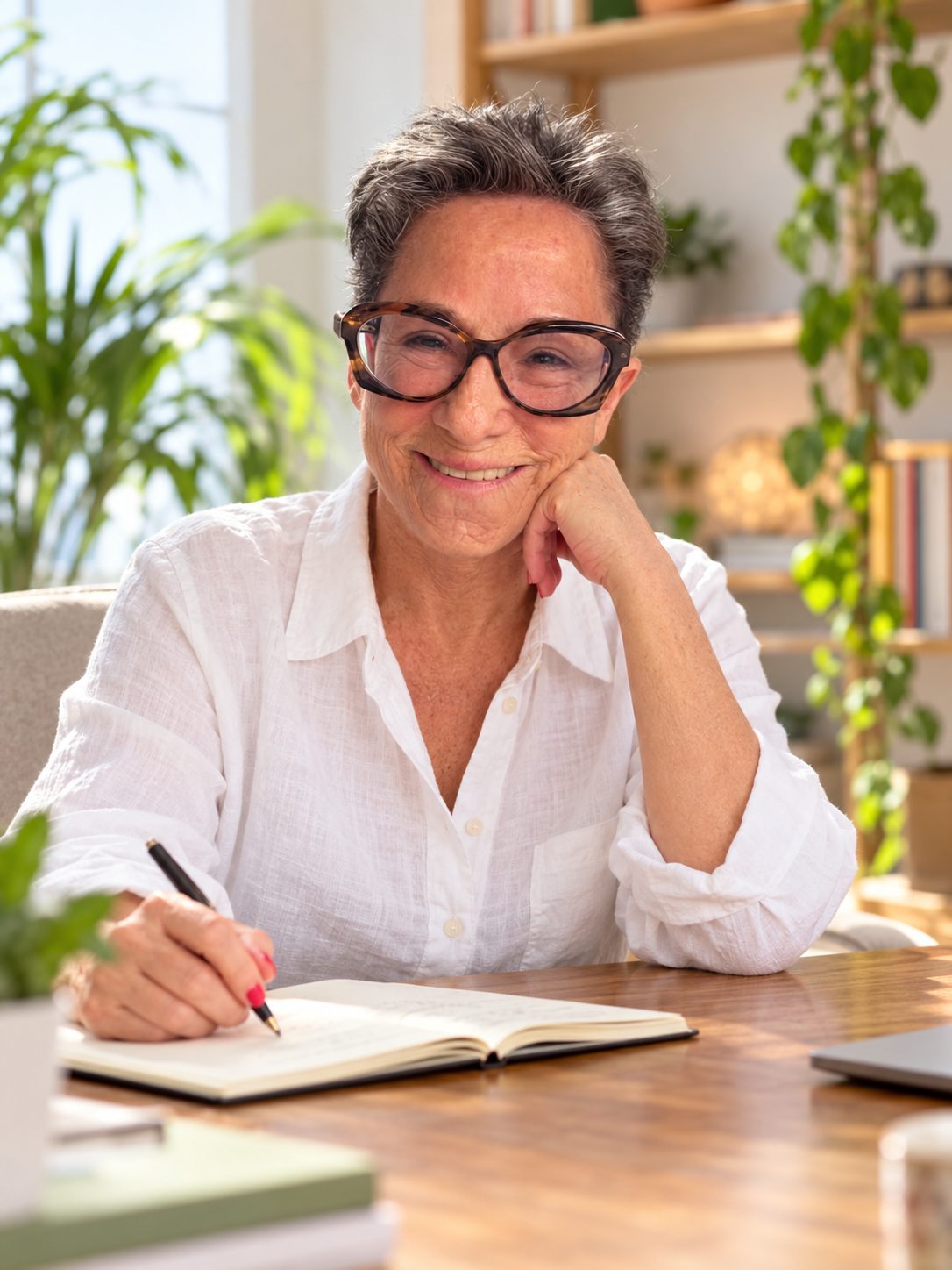 Eloísa escribiendo en una libreta en su espacio de trabajo